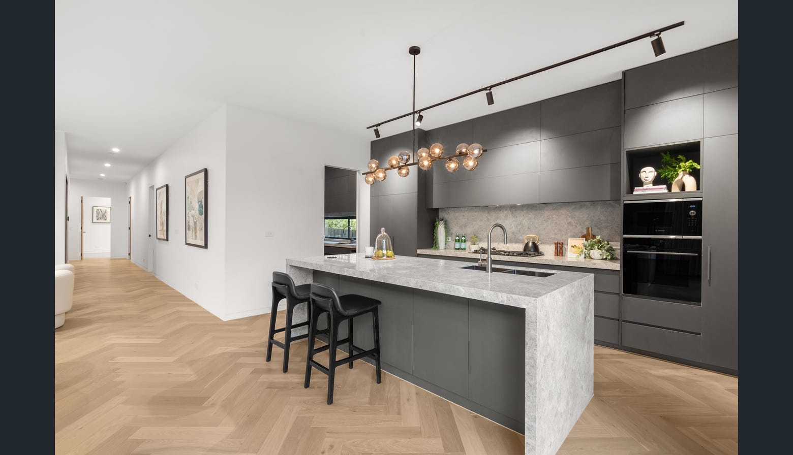 Completed kitchen island and herringbone floor