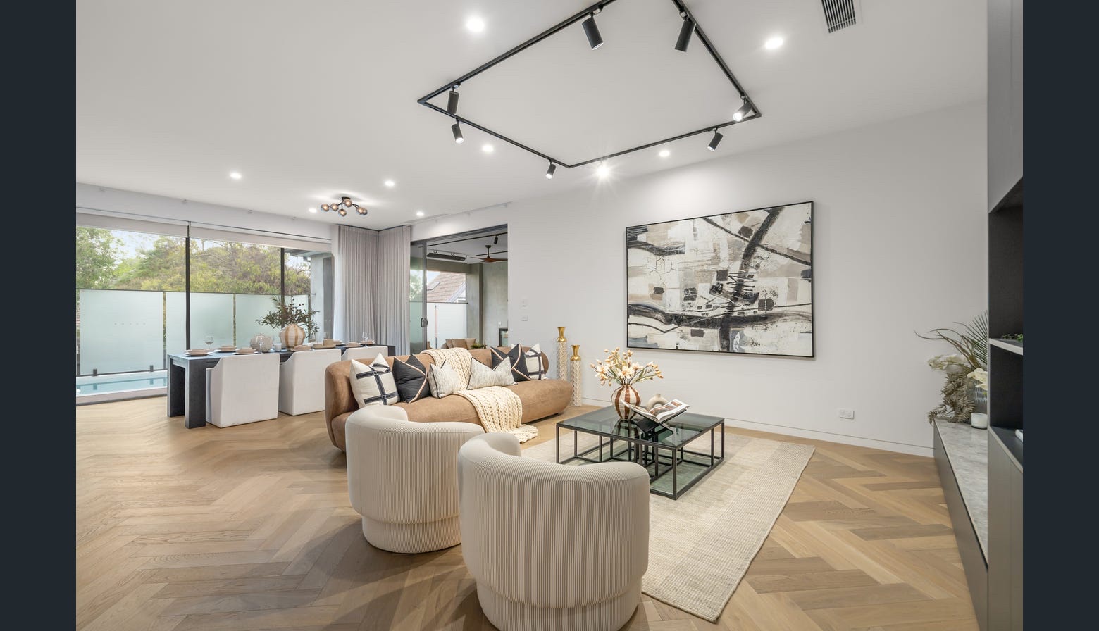 Completed living and dining room with timber flooring